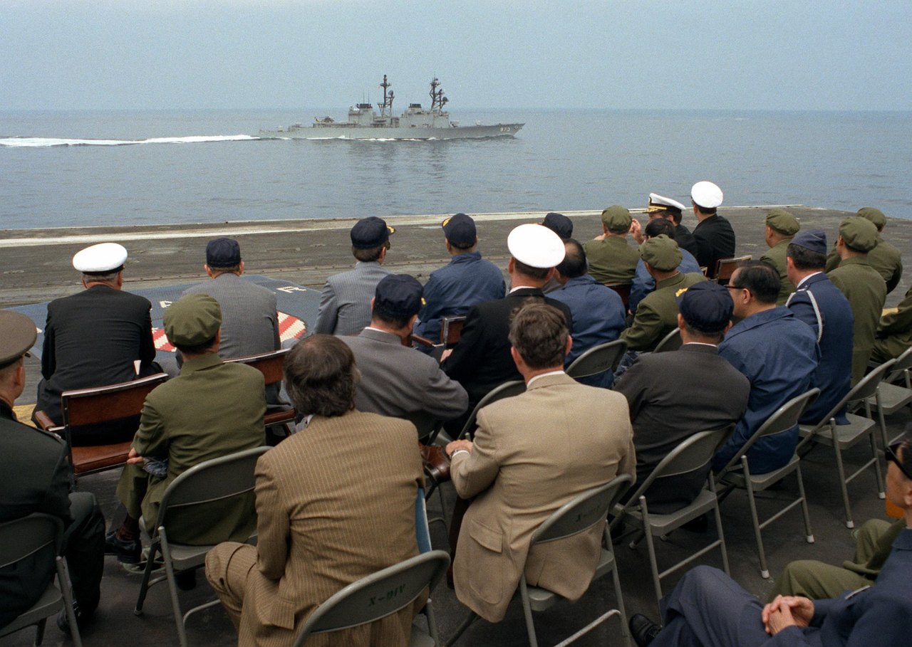 Geng Biao Watches Demonstration on USS Ranger