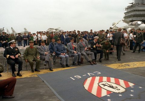 Geng Biao Watches Demonstration on USS Ranger