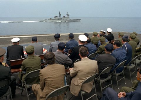 Geng Biao Watches Demonstration on USS Ranger